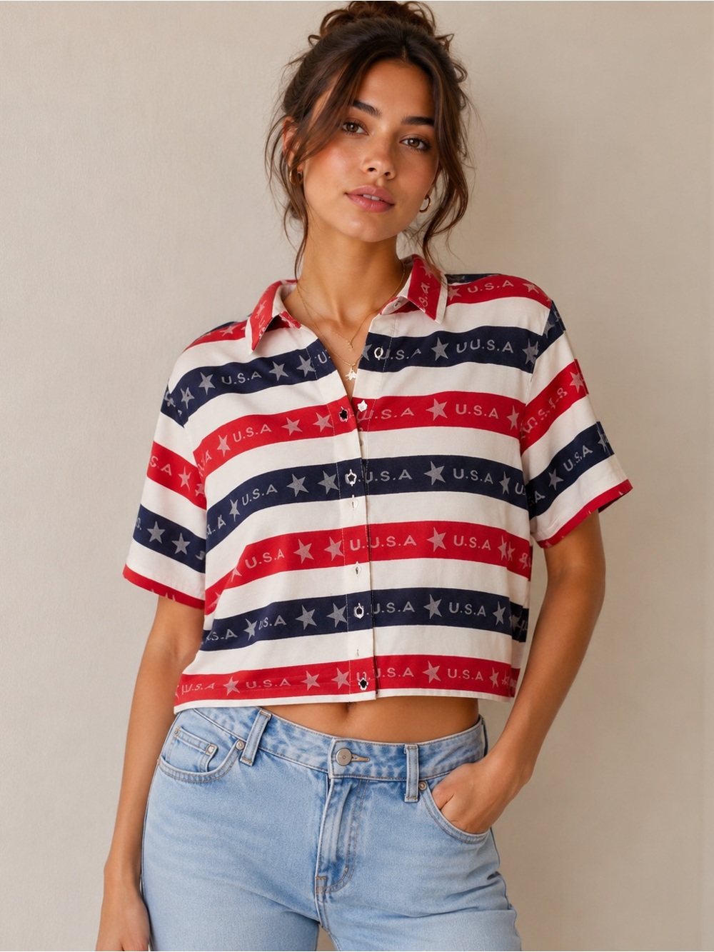 Tantrums USA Patriotic Button Front Shirt Size Medium 100% Cotton
